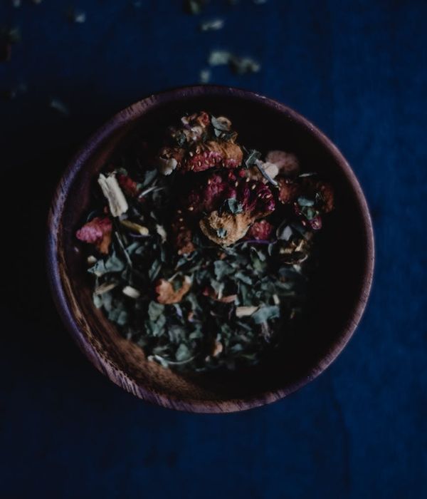 Natural green herbal mix and wooden elements for wellness